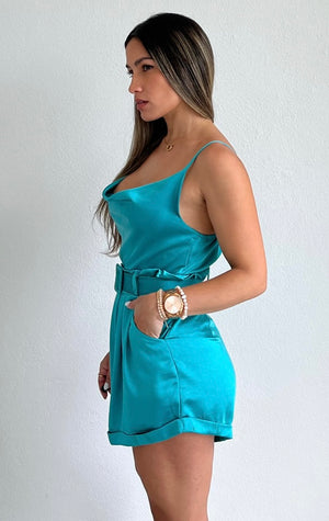 Successfully Stylish Aqua Satin Romper