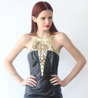The Golden V-Neck Black Leather Dress