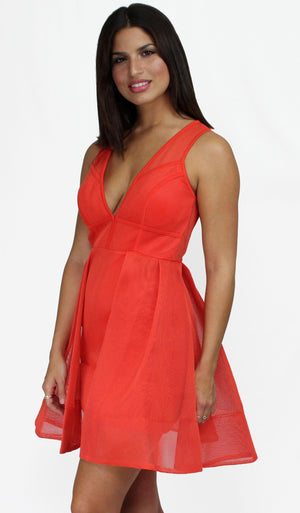 Genevieve Orange Fit & Flare Mesh Dress