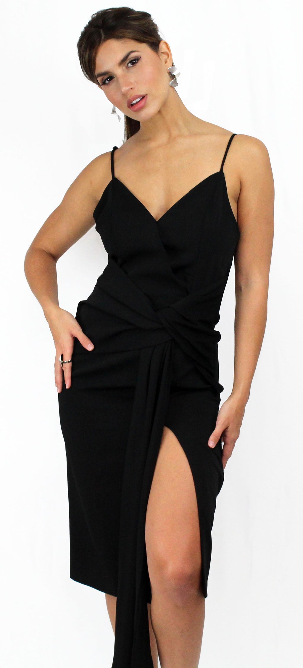 Hollywood Lady V-Neck Black Midi Dress