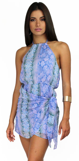 Tropical & Wild Blue Snake Print Halter Dress
