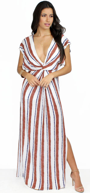 Coastal Grooves White & Rust Striped Maxi Dress