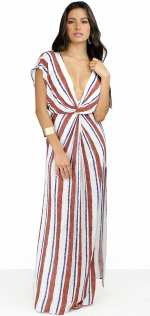 Coastal Grooves White & Rust Striped Maxi Dress