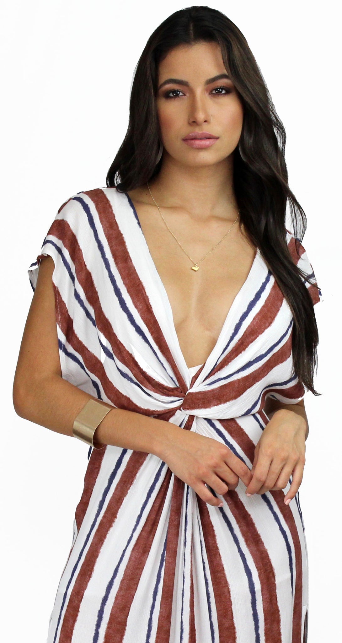 Coastal Grooves White & Rust Striped Maxi Dress