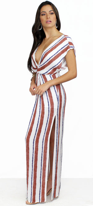 Coastal Grooves White & Rust Striped Maxi Dress