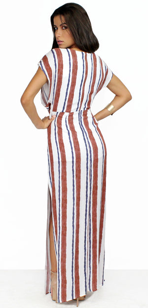 Coastal Grooves White & Rust Striped Maxi Dress