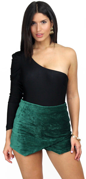 Modern Femme Green Velvet Asymmetrical Skort