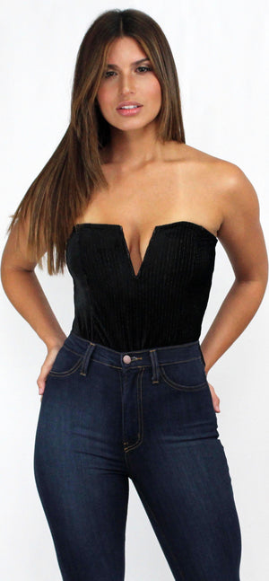 Love Black Shimmer Stripes Velvet Bodysuit