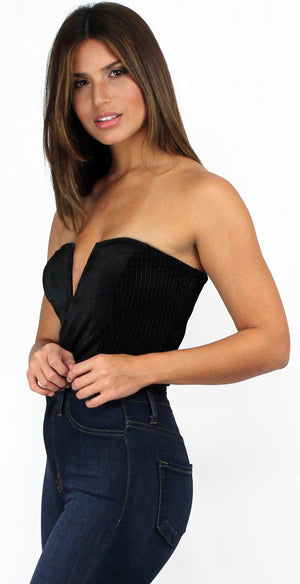 Love Black Shimmer Stripes Velvet Bodysuit