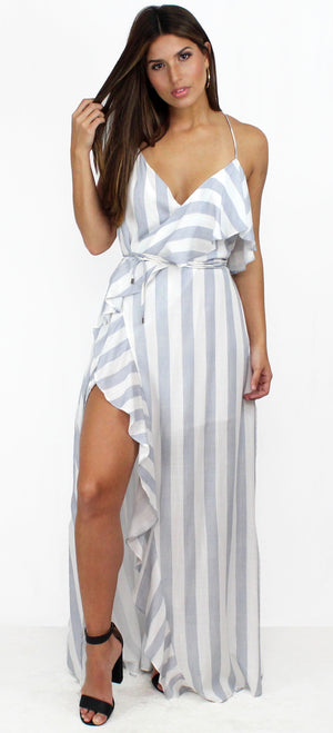 Fresh Blue & White Stripes Ruffles Maxi-Dress