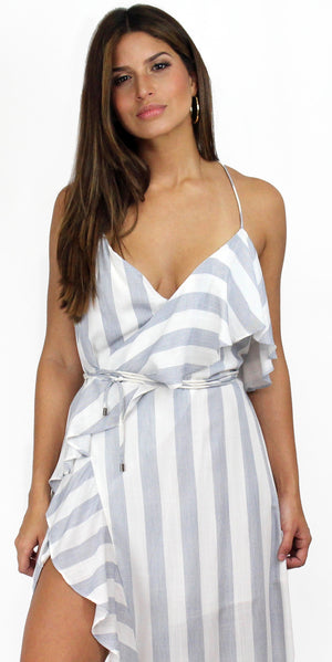 Fresh Blue & White Stripes Ruffles Maxi-Dress