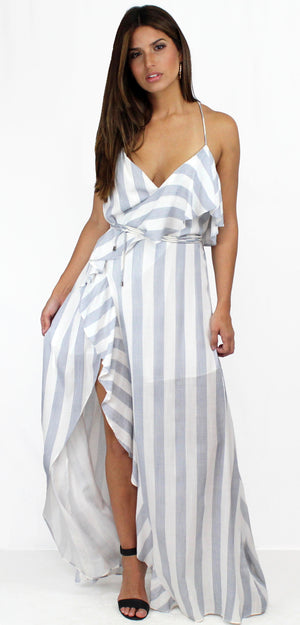 Fresh Blue & White Stripes Ruffles Maxi-Dress