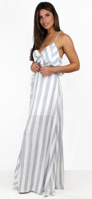 Fresh Blue & White Stripes Ruffles Maxi-Dress