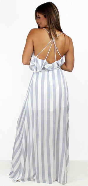 Fresh Blue & White Stripes Ruffles Maxi-Dress