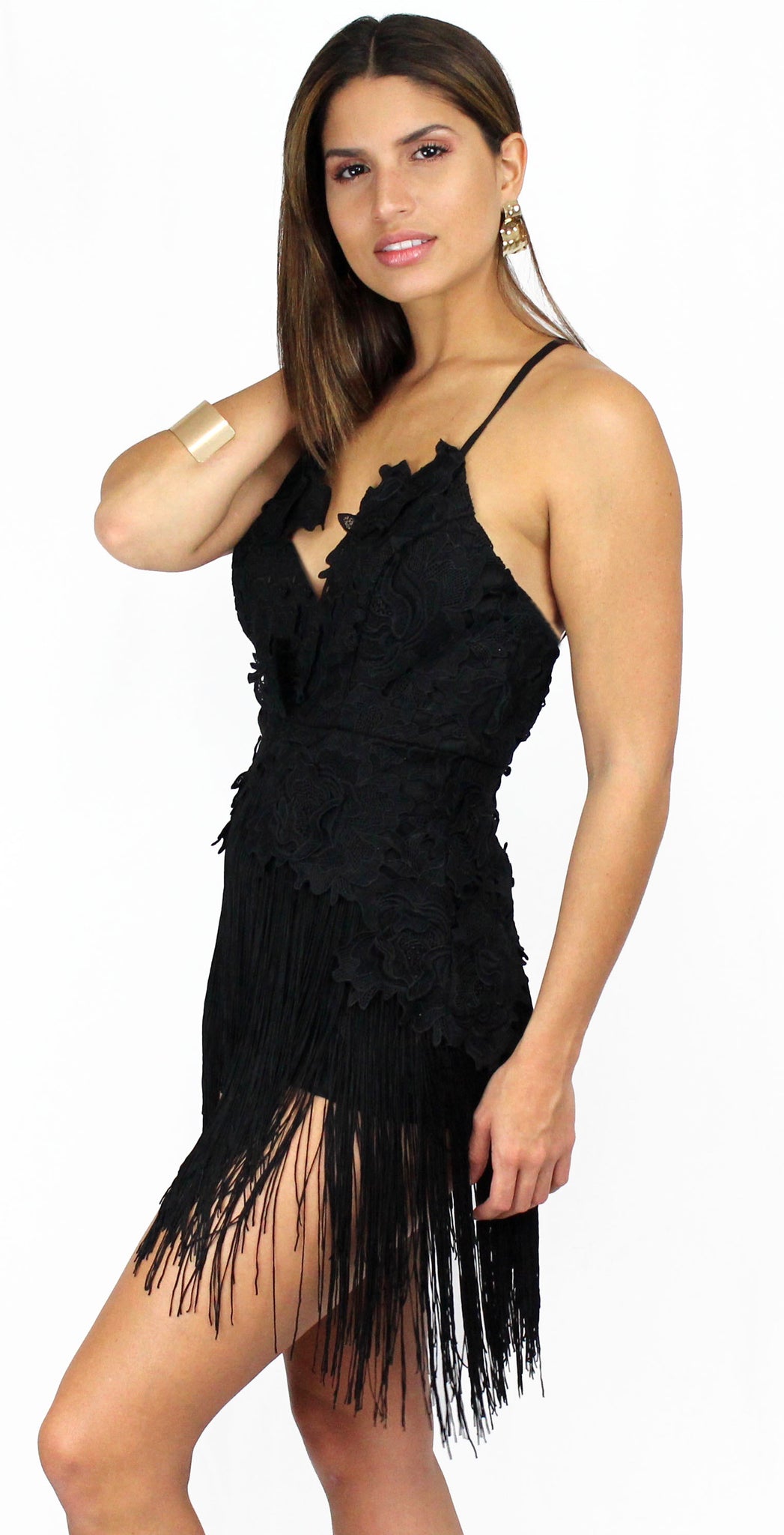 Marvelous Muse Fringes & Crochet Black Dress