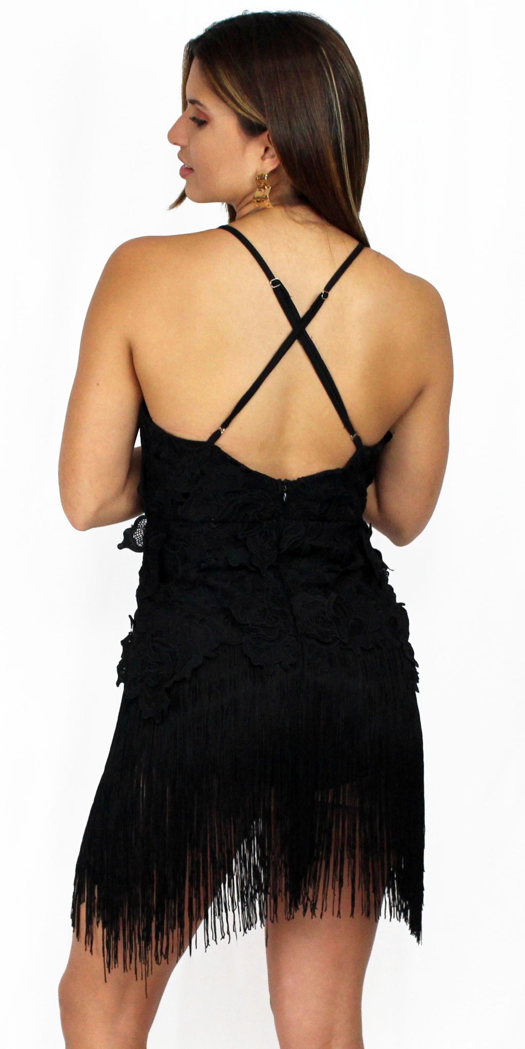 Marvelous Muse Fringes & Crochet Black Dress