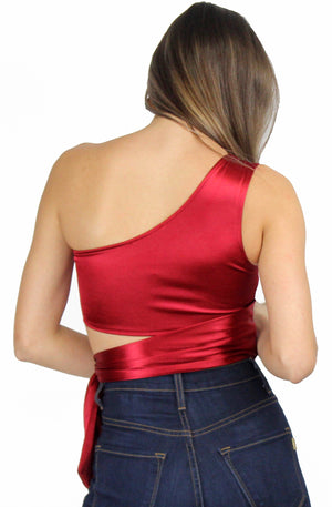 Love to Laugh Satin Ruby One-Shoulder Crop Top