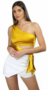 Love to Laugh Satin Gold One-Shoulder Crop Top