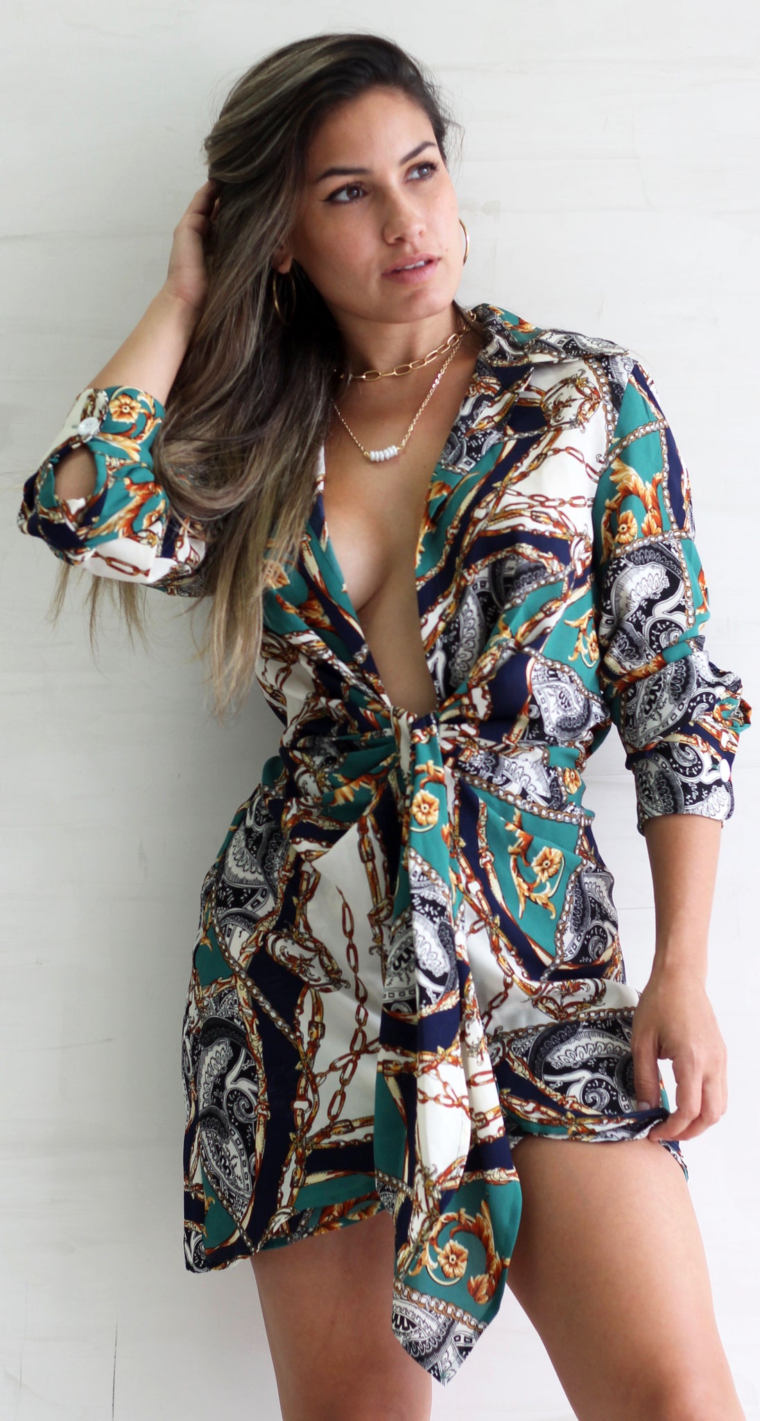 Between You and I Navy Chain Print Tie Mini Dress