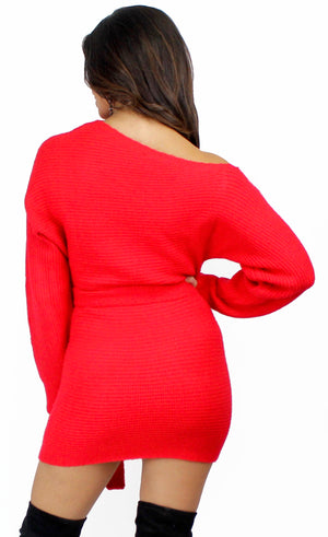 Cozy Affair One Shoulder Red Sweater Dress