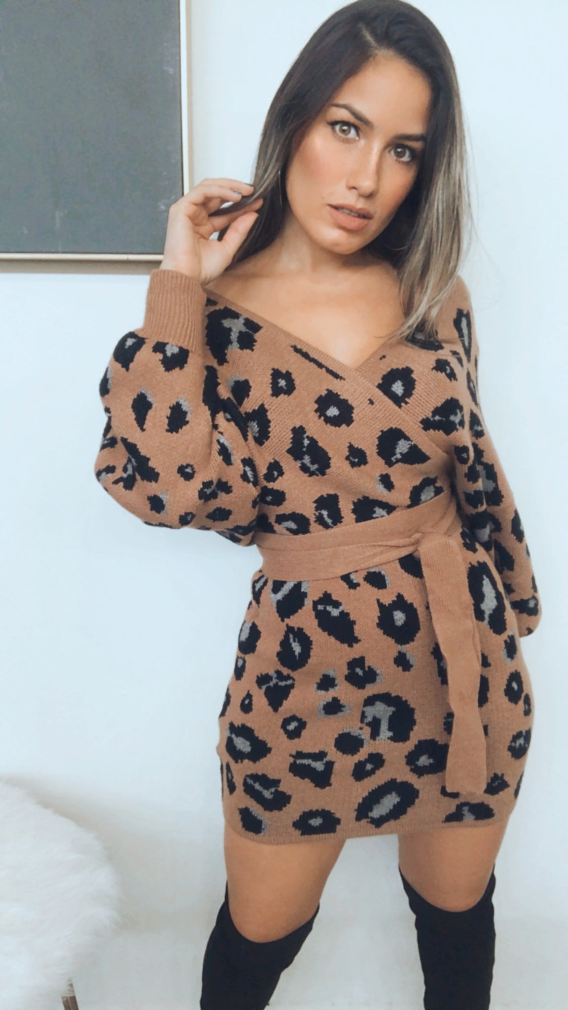 Daring Love Nude Leopard Print Sweater Dress