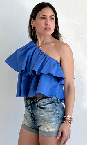 Ruffled and Flirt One-Shoulder Blue Top