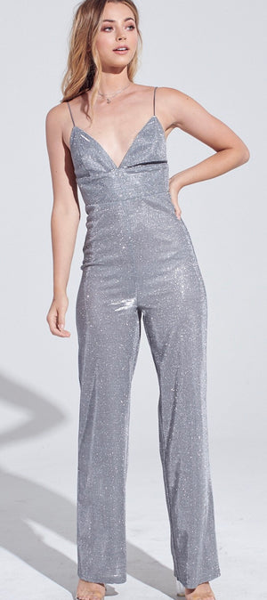 Silver Fever in V-Neck Shimmer Jumpsuit