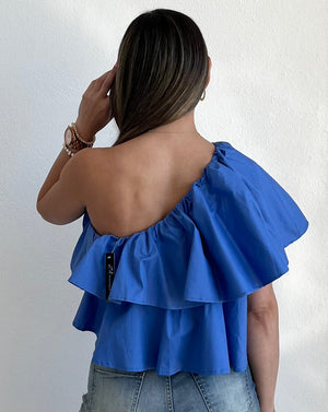 Ruffled and Flirt One-Shoulder Blue Top