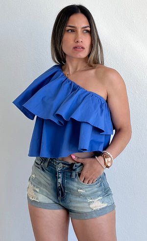 Ruffled and Flirt One-Shoulder Blue Top