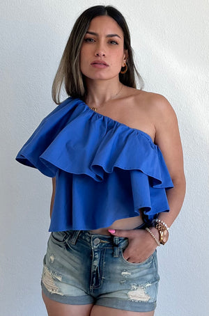 Ruffled and Flirt One-Shoulder Blue Top