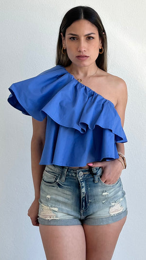 Ruffled and Flirt One-Shoulder Blue Top