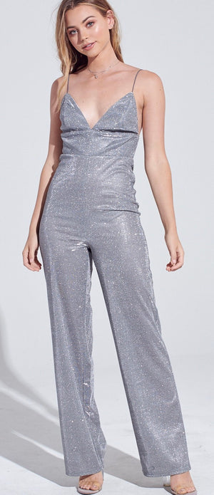 Silver Fever in V-Neck Shimmer Jumpsuit