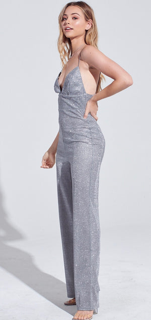 Silver Fever in V-Neck Shimmer Jumpsuit