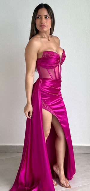 Stunned by You Magenta Strapless Stones Formal Gown