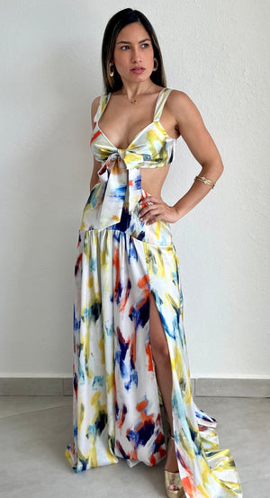 Work of Art Multi Color Satin Maxi Dress