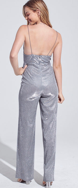 Silver Fever in V-Neck Shimmer Jumpsuit